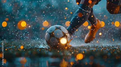 Strike. Soccer player foot making contact with a football in mid-action photo