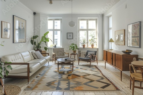 Scandinavian Living Room  Light wood flooring  white walls  mid-century modern furniture  geometric rug  statement pendant light