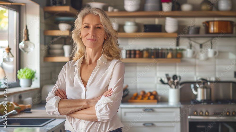 mid-aged woman commands attention as she stands in her modern home kitchen. This mature businesswoman mid-aged woman commands attention as she stands in her modern home kitchen. This mature businesswoman