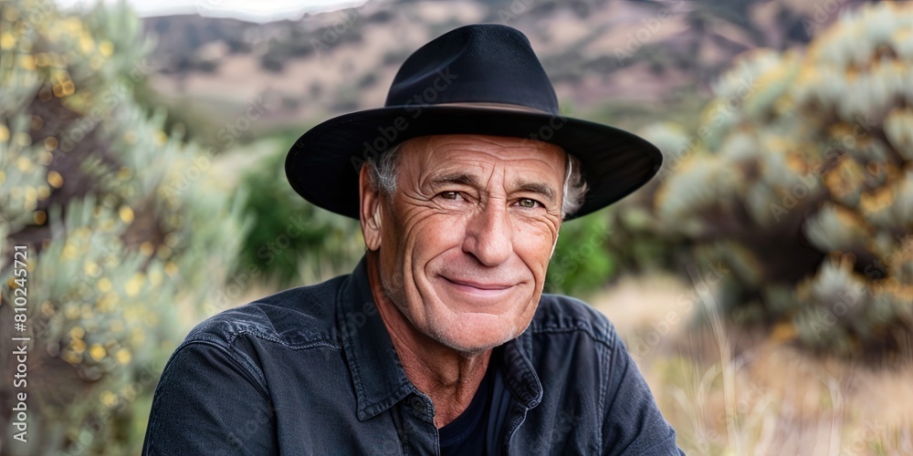 older white haired man with black hat and shirt in an outdoor field