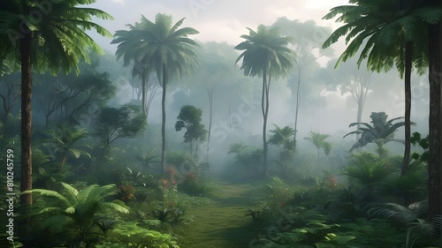 exotic jungle in the fog. A view of the jungle  a wooded haven. dark and foggy wilderness. The scenery of a natural forest. 3D picture.