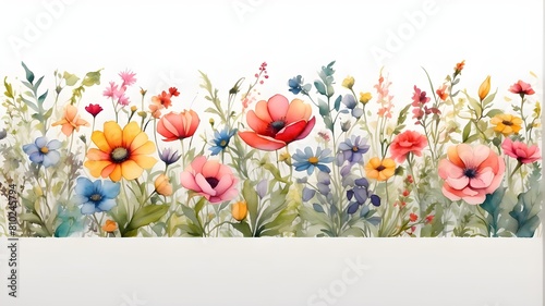 Summertime meadow. Adorable watercolor flowers with a horizontal border on a white backdrop. drawing for a banner, card, border, or any design you've created. Artificial Intelligence photo