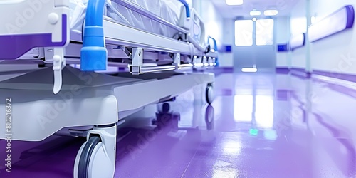 hospital gurney bed on wheels in an empty hospital hallway interior - clean and polished white interior photo