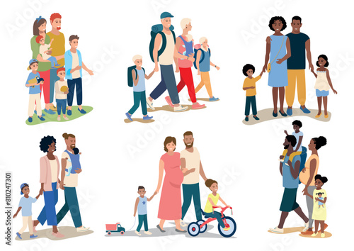 Happy parents and their children of different nationalities on a white background. Time with family. Day of family, loving parents, happy childhood. Set of vector illustrations.