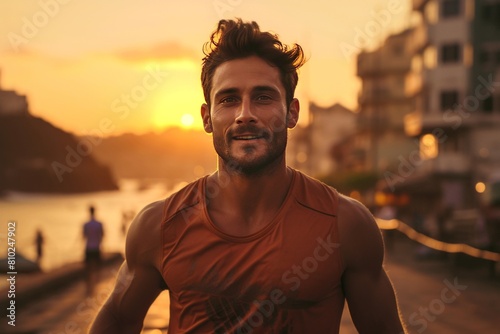 a man runs along the beach towards the camera at sunset. Concept sport, running, lifestyle
