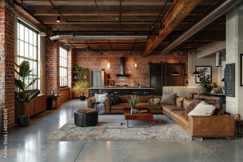Urban Loft Mockup: A loft-style apartment with exposed brick walls, concrete floors, and industrial-inspired furnishings