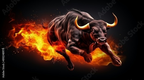 Fiery banner  red bull galloping with sparks flying from hooves in spectacular display  animal concept