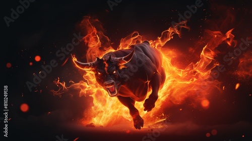 Fiery bull with intense flames on dark background  perfect for stock photography  banner