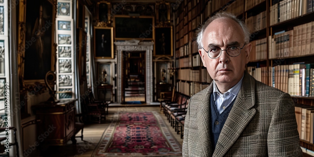 stern elderly male professor in tweed suit standing in university library with copy space stern elderly male professor in tweed suit standing in university library with copy space