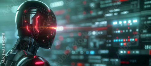 Dramatic depiction of an AI in a helmet with red glowing details, set against a high-tech background, symbolizing the ethical challenges and autonomy in artificial intelligence