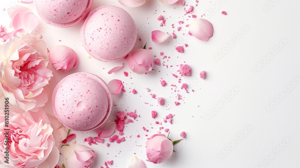 Variety of pink bath bombs arranged on a textured background with flowers and petals. Concept of Spa, wellness, relaxation, beauty treatment, and aromatherapy. Banner. Copy space Variety of pink bath bombs arranged on a textured background with flowers and petals. Concept of Spa, wellness, relaxation, beauty treatment, and aromatherapy. Banner. Copy space