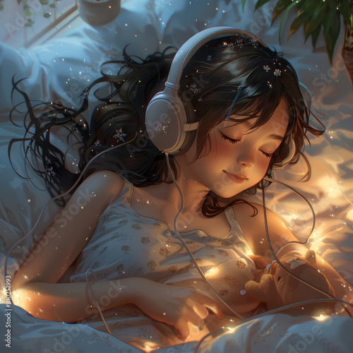 Cute young child happy girl with dark hair lies in bed, listens to music and smiles in the dark under the light of a garland photo