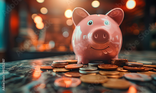 pink piggy bank and coins photo