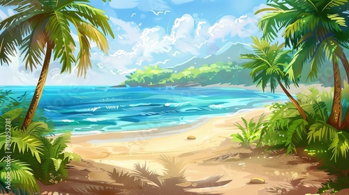 Tropical beach landscape with palm trees and ocean view. Serene coastal scene. Concept of travel  summer vacation  and peaceful beaches. Digital art
