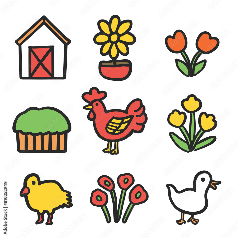 Colorful farmthemed vector icons set featuring barn, flower pot, tulips, pie, chicken, chick, roses, duck. Cartoonstyle farm elements childrens book, educational materials, agriculture concept. Bold