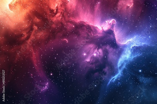 Vibrant galaxy with colorful nebulae and star clusters. Illustration of a background with a majestic space theme.