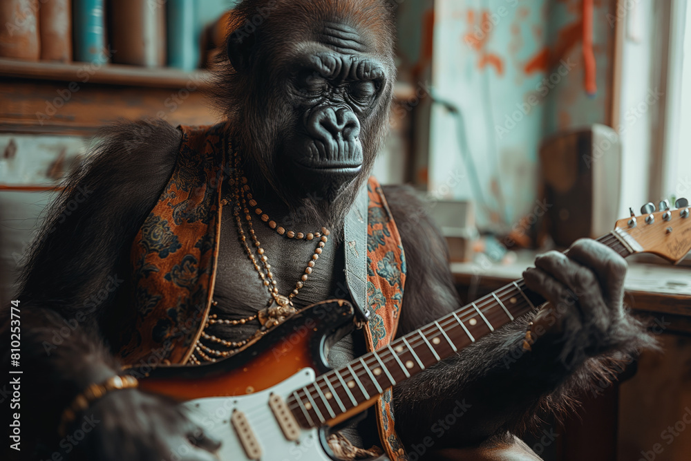 A gorilla in a vest playing a guitar telecaster. Generative AI
