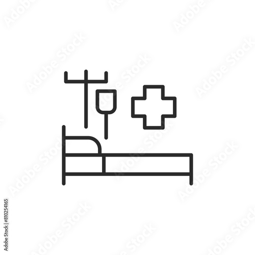 Hospital bed icon. Simple hospital bed with IV stand and medical cross icon for health care services, medical apps, and hospital web design. Vector illustration isolated on white background