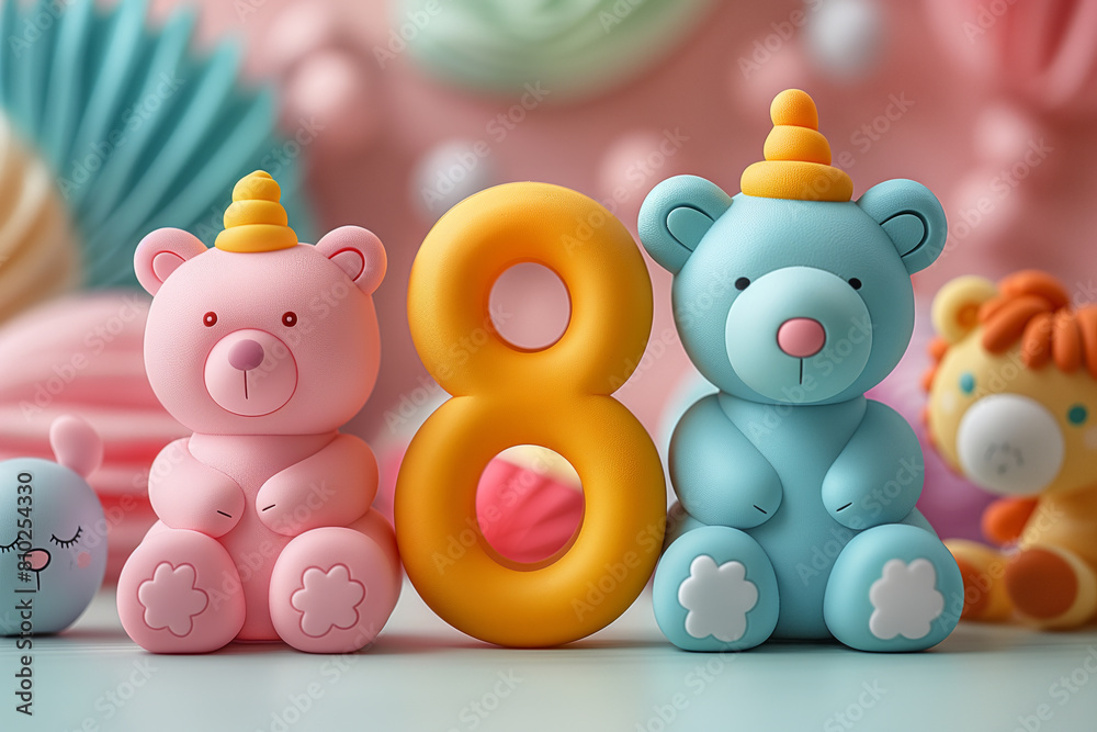 In the foreground is the number without decorations, behind the number is a cute animal style of Cartoon. Generative AI