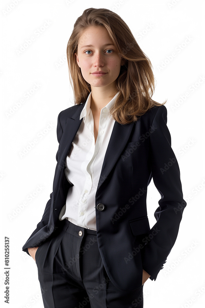 Obraz premium Portrait of a young stylish businesswoman in a suit isolated on white background. High quality photo