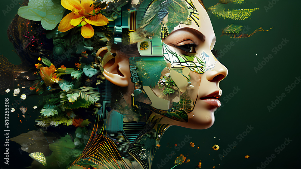 Floral Fusion | Collage Portrait Painting Celebrating Nature and Connection showing face of a Young beautiful girl, AI Generated PNG Illustration