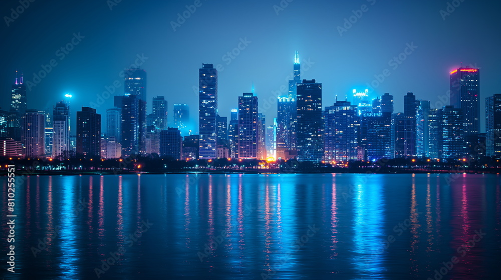Fototapeta premium A serene view of a city skyline at night, reflected beautifully on the calm water surface - Generative AI