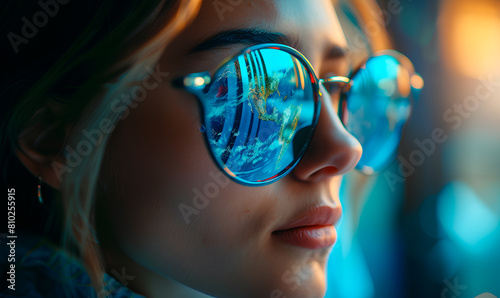Woman wearing blue sunglasses and looking away