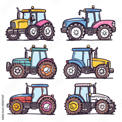 Six colorful tractors various colors illustrated, farming equipment cartoon style. Different colored tractors side view vibrant hues kidsfriendly drawings. Set cartoon agricultural machinery