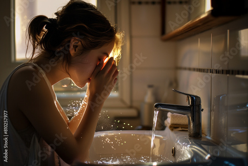 At the beginning of the day, the North American woman heads to the sink, where the cool water and soap help dispel her sleepiness and prepare her for the day ahead