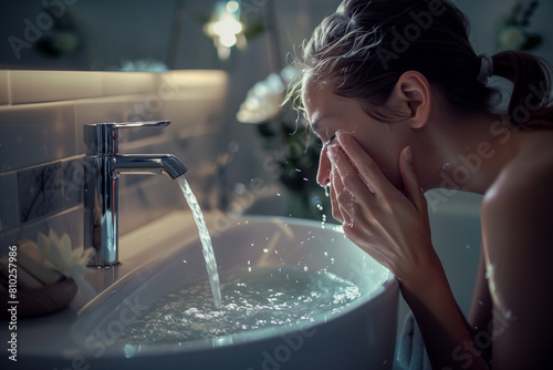 North American woman wakes up and confronts the sink, letting the cool water and face slaps fully awaken her from her drowsiness