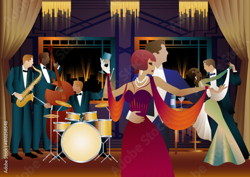 Jazz musicians and dancers. Double bass, saxophone, drum. Musicians play musical instruments