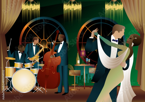 Jazz musicians and dancers. Double bass, saxophone, drum. Musicians play musical instruments