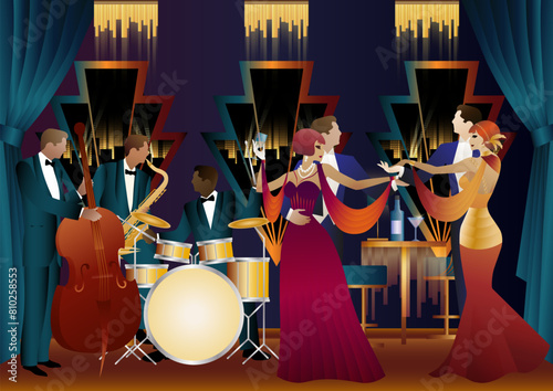 Jazz musicians and dancers. Double bass, saxophone, drum. Musicians play musical instruments