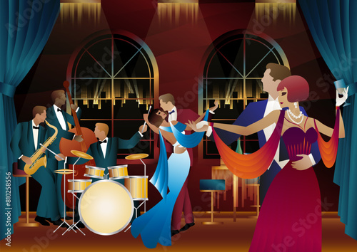 Jazz musicians and dancers. Double bass, saxophone, drum. Musicians play musical instruments