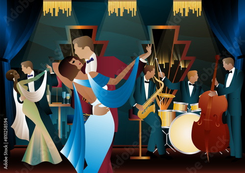 Jazz musicians and dancers. Double bass, saxophone, drum. Musicians play musical instruments