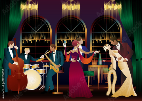 Jazz musicians and dancers. Double bass, saxophone, drum. Musicians play musical instruments