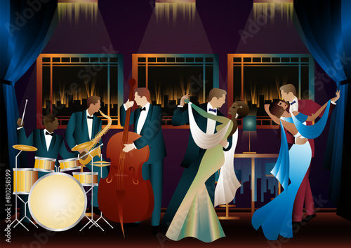 Jazz musicians and dancers. Double bass, saxophone, drum. Musicians play musical instruments