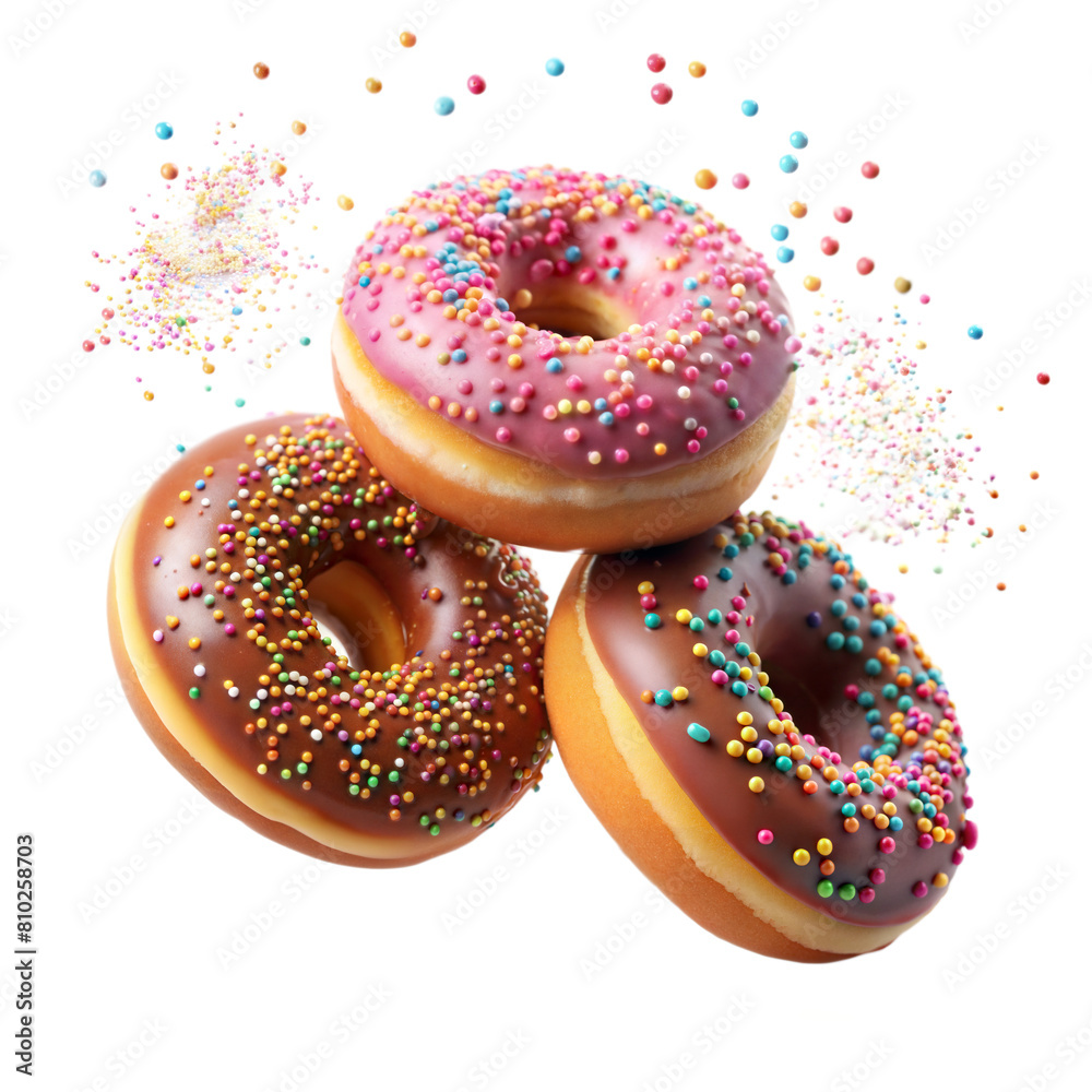 Three sprinkle-covered doughnuts in mid-air against a white backdrop Three sprinkle-covered doughnuts in mid-air against a white backdrop