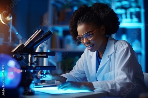 Scientist conducting microscopic research in modern laboratory, Medical science laboratory woman at table with microscope and other scientific equipment, research, discovery and scientific process.