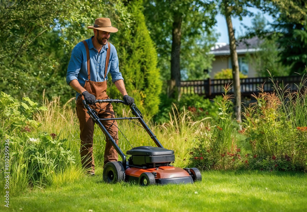 A man is cutting the grass using a lawnmower. A man is cutting the grass using a lawnmower.
