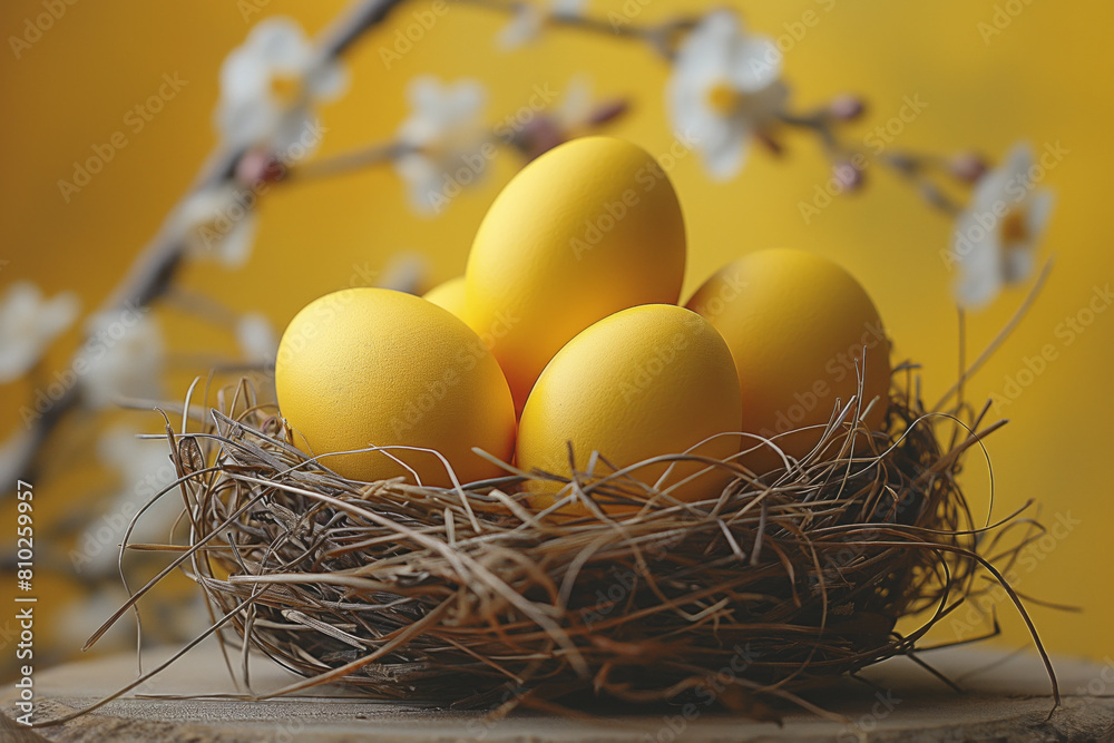 Easter eggs in a nest of straw. against a solid Ligh. Generative AI Easter eggs in a nest of straw. against a solid Ligh. Generative AI