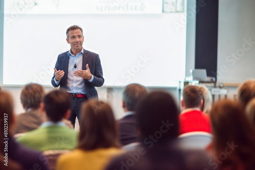 A man stands confidently in front of a diverse crowd of people, possibly delivering a speech or presentation. photo