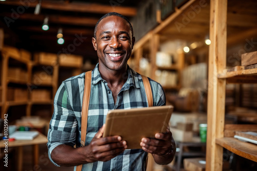 A man is standing in front of shelves, holding a tablet and engaged in business activities.