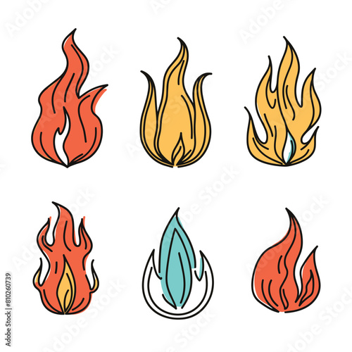 Set six colorful cartoon fire flames designs isolated white background. Various abstract flame icons conceived logo design, creative fiery graphic representation. Brightly colored graphic flames