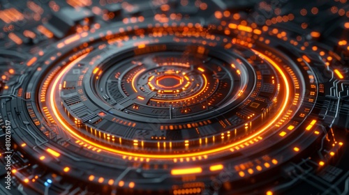 3D Cybernetic Circuitry, Circles, curves, grid patterns, Geometric balance, Isometric perspective, Neon light trails, Technological and metallic, Neon glow against black