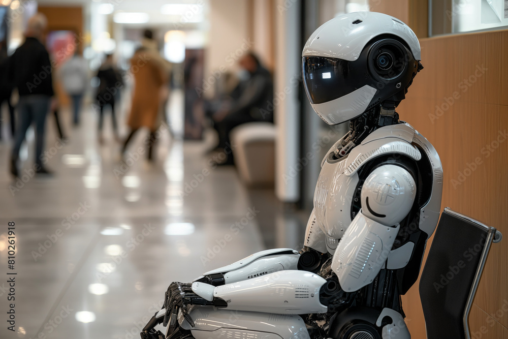 AI robot sitting and waiting for a job interview: AI vs human competition. Generative AI AI robot sitting and waiting for a job interview: AI vs human competition. Generative AI