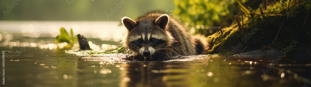 Curious raccoon in the water