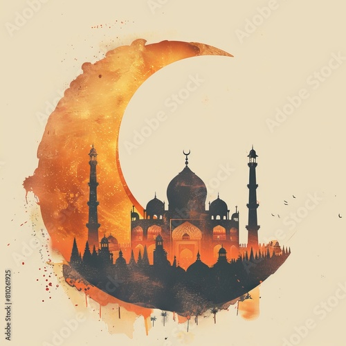 Eid al-Fitr with fading crescent, minimalist and subdued tones, isolated background photo