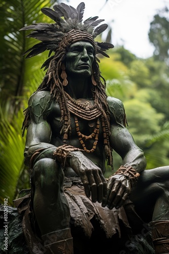 Detailed statue of indigenous tribal leader in tropical setting