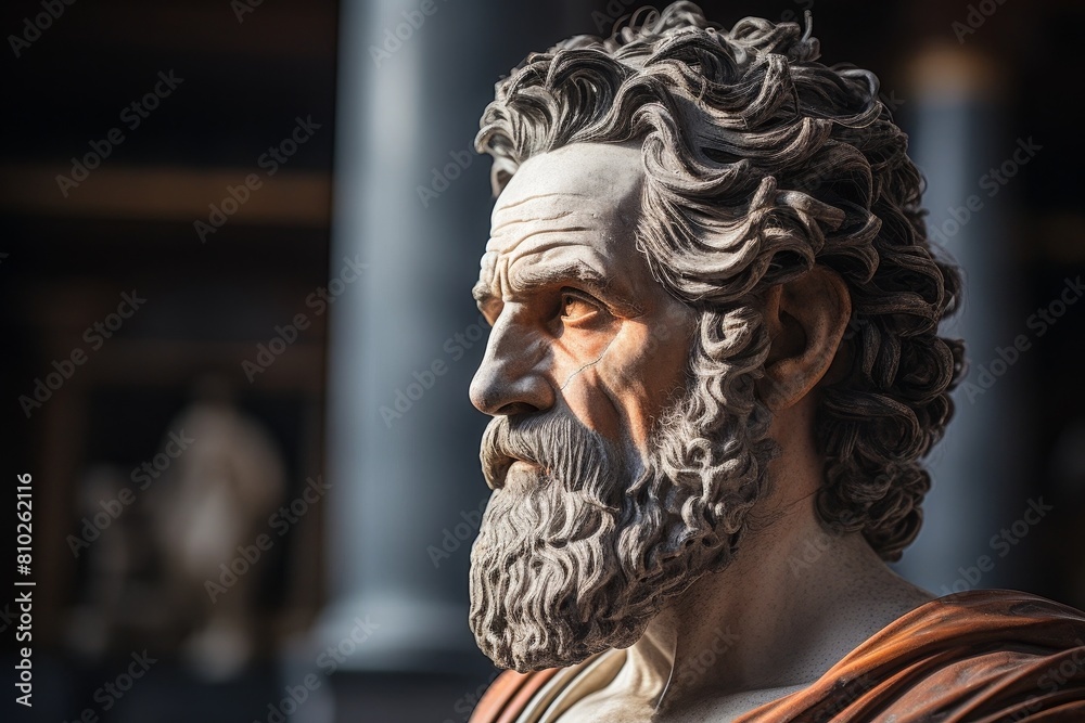 Detailed sculpture of a bearded man with curly hair